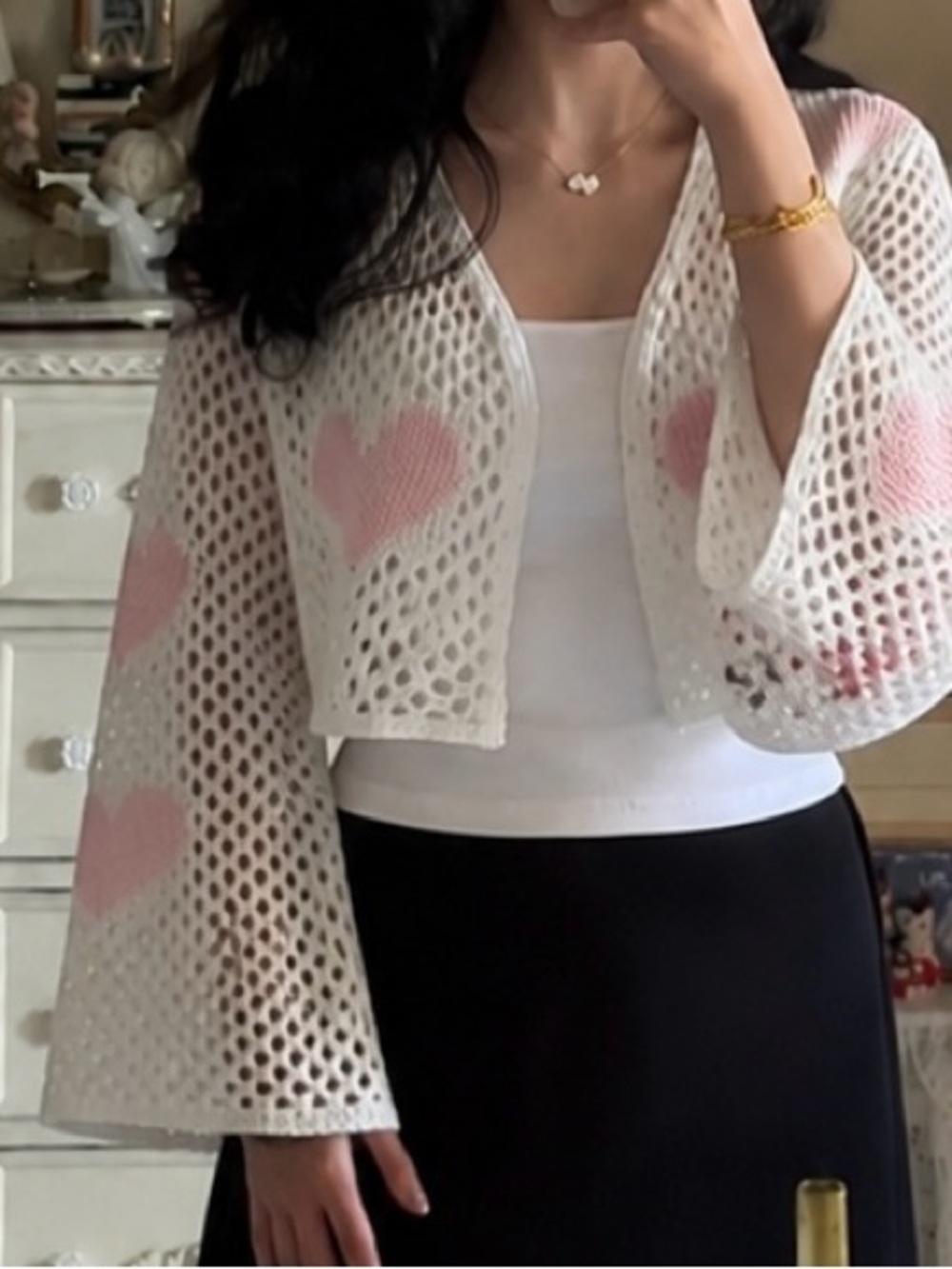 SHEIN White Open-Knit Cropped Cardigan Shrug with Pink Hearts
